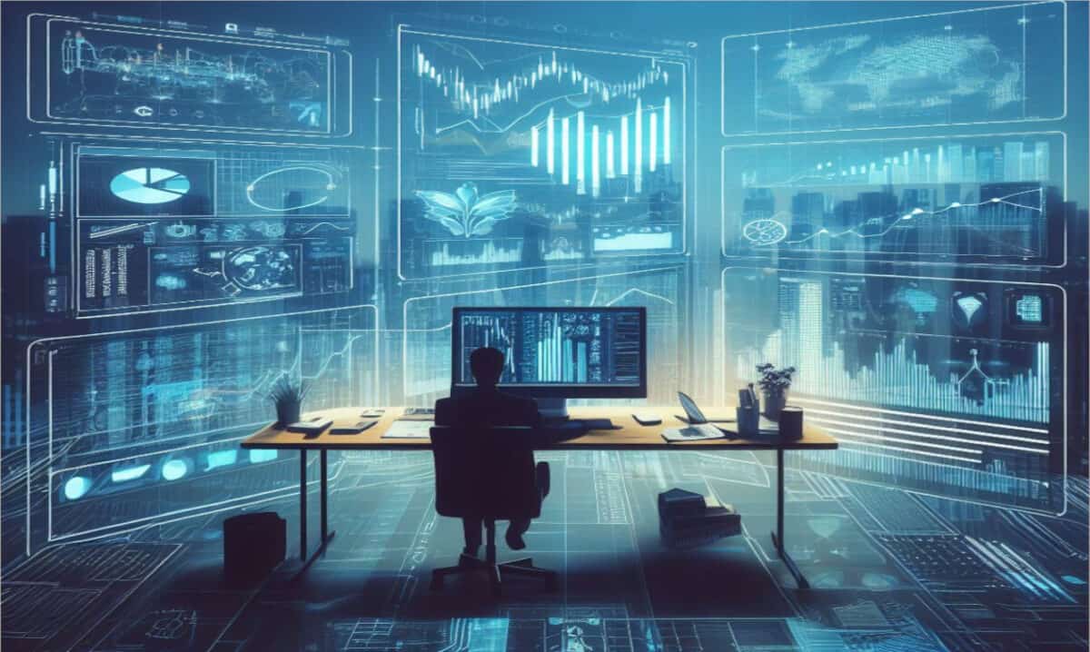 Was ist Contango im Trading und wie nutzen Sie es profitabel für Ihre Handelsstrategie? Trader im Tradingroom mit virtuellen Screen auf denen Contango Situationen sichtbar werden