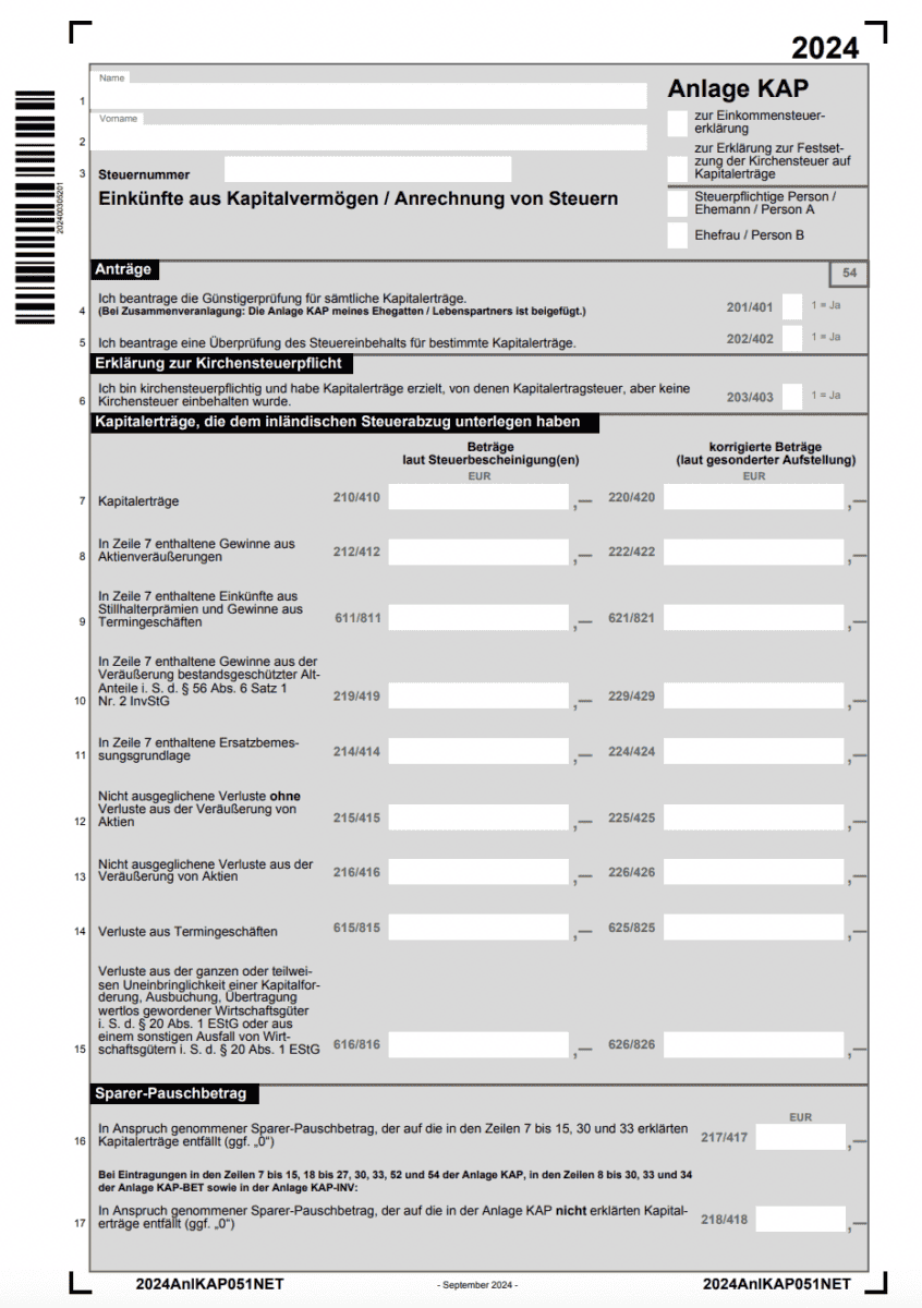 Trading Steuern sparen - der ultimative Guide für 2025 Abbildung der deutschen Steuererklärung Anlage KAP 2024 für Einkünfte aus Kapitalvermögen, mit Feldern für persönliche Angaben, Kapitalerträge, Steuerabzüge und den Sparer-Pauschbetrag