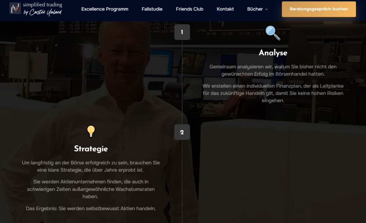 Carsten Umland – Erfahrungen mit dem Trading-Coaching & dem friends club (2025) Das Excellence Trader Programm von Carsten Umland ist ein umfassendes Investment Coaching für Führungskräfte, Selbstständige & ehemalige Angestellte mit einer Abfindung