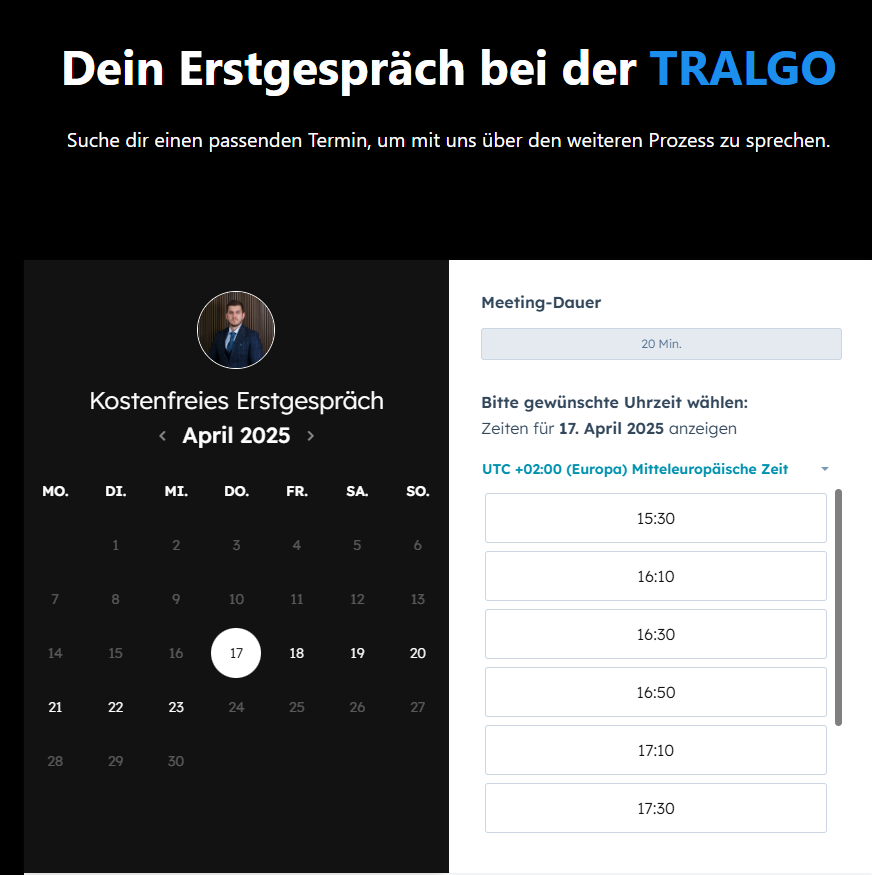 Tralgo - was steckt hinter der Trading-Ausbildung von Eugen Denisenko? Über die TRALGO Webseite kannst du jederzeit ein kostenloses Erstgespräch buchen, um dich für die Ausbildung anzumelden