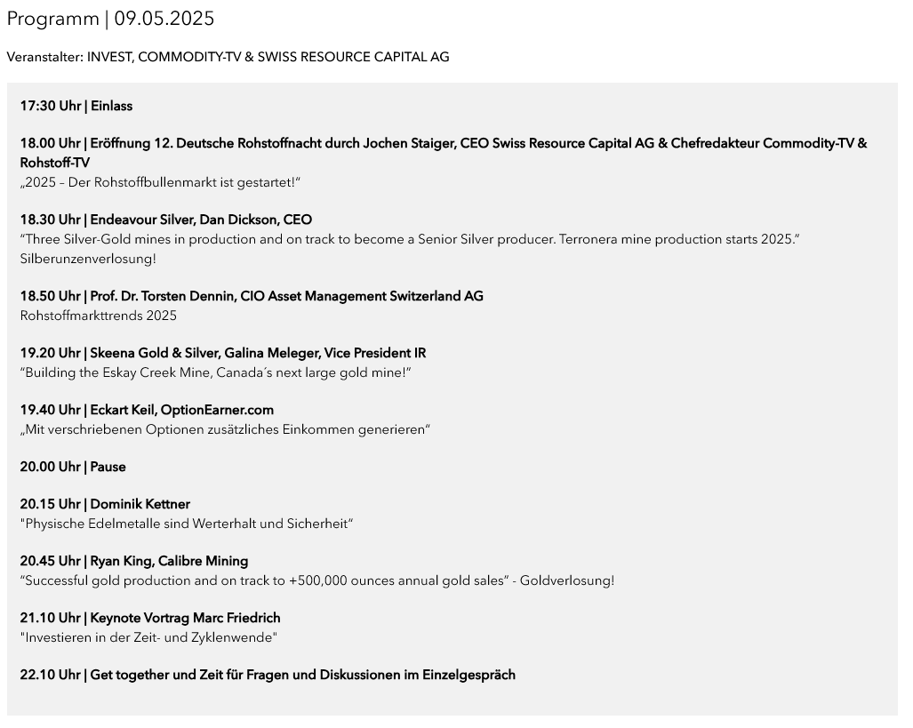 Invest Messe Stuttgart – Alles rund um Finanzen und Geldanlage für Trader, Anleger und Investoren Das Programm der 12. deutschen Rohstoffnacht auf der Invest 2025 im Überblick