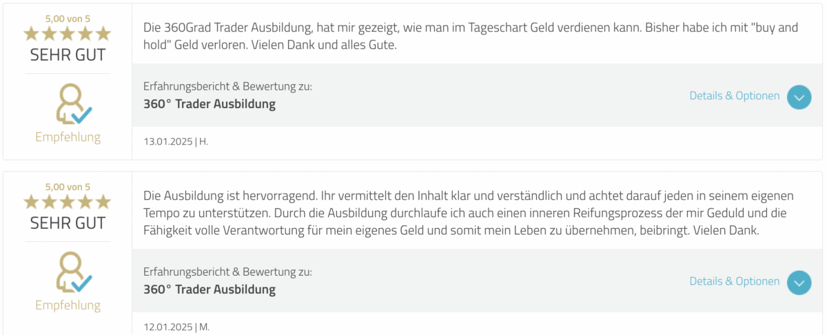 Die Lüddemann Investments GmbH – Alles über Mario Lüddemann – Angebote, Erfahrungen, Kosten (2025) Screenshot von zwei 5-Sterne-Bewertungen für die ‚360° Trader Ausbildung‘ auf einer Bewertungsplattform. Beide Bewertungen loben die Ausbildung für ihre Klarheit und Unterstützung. Eine Bewertung hebt hervor, dass sie gelernt hat, im Tageschart Geld zu verdienen, während die andere die persönliche Reifung und Verantwortungsübernahme für das eigene Geld betont