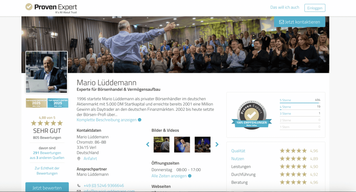 Die Lüddemann Investments GmbH – Alles über Mario Lüddemann – Angebote, Erfahrungen, Kosten (2025) Screenshot einer ProvenExpert-Bewertungsseite für Mario Lüddemann, einen Experten für Börsenhandel und Vermögensaufbau. Oben im Bild ist ein Foto von Lüddemann zu sehen, wie er auf einer Bühne vor einem applaudierenden Publikum spricht. Links befindet sich ein Profilbild von ihm am Laptop. Die Seite zeigt eine Bewertung von 4,88 von 5 Sternen basierend auf 805 Bewertungen