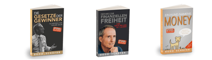 Die besten Bücher von Bodo Schäfer: Erfolgsstrategien für dein finanzielles Wachstum Vier Bücher von Bodo Schäfer nebeneinander auf weißem Hintergrund. Von links nach rechts: 'Die Gesetze der Gewinner' (schwarz-goldenes Cover mit einem Mann im Anzug), 'Der Weg zur finanziellen Freiheit' (graues Cover mit Porträt von Bodo Schäfer), 'Ein Hund namens Money' (graues Cover mit gezeichneter Illustration eines Hundes und Geldscheinen) und 'Rente oder Wohlstand' (dunkelblaues Cover mit Porträt von Bodo Schäfer und rotem Titel)."