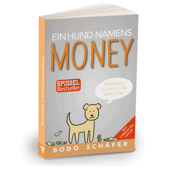 Die besten Bücher von Bodo Schäfer: Erfolgsstrategien für dein finanzielles Wachstum Buchcover von 'Ein Hund namens Money' von Bodo Schäfer. Das Cover hat einen grauen Hintergrund mit dem Titel in großen weißen und orangefarbenen Buchstaben. Darunter ist eine gezeichnete Illustration eines Hundes mit Geldscheinen und Münzen um ihn herum. Eine Sprechblase enthält den Untertitel 'Spielerisch zu Erfolg und Wohlstand'. Ein rotes Siegel mit der Aufschrift 'SPIEGEL Bestseller' sowie ein Hinweis 'Über 3 Millionen Mal verkauft' sind ebenfalls auf dem Cover zu sehen.
