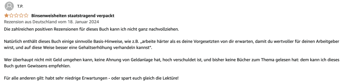 Die besten Bücher von Bodo Schäfer: Erfolgsstrategien für dein finanzielles Wachstum Screenshot einer Amazon-Rezension für das Buch 'Der Weg zur finanziellen Freiheit'. Die Bewertung zeigt zwei von fünf Sternen und die Überschrift lautet 'Binsenweisheiten staatstragend verpackt'. Der Rezensent kritisiert das Buch als wenig hilfreich für erfahrene Leser im Finanzbereich, empfiehlt es aber für absolute Anfänger. Am unteren Rand des Screenshots ist ein kleines Bild des Buchcovers zu sehen.
