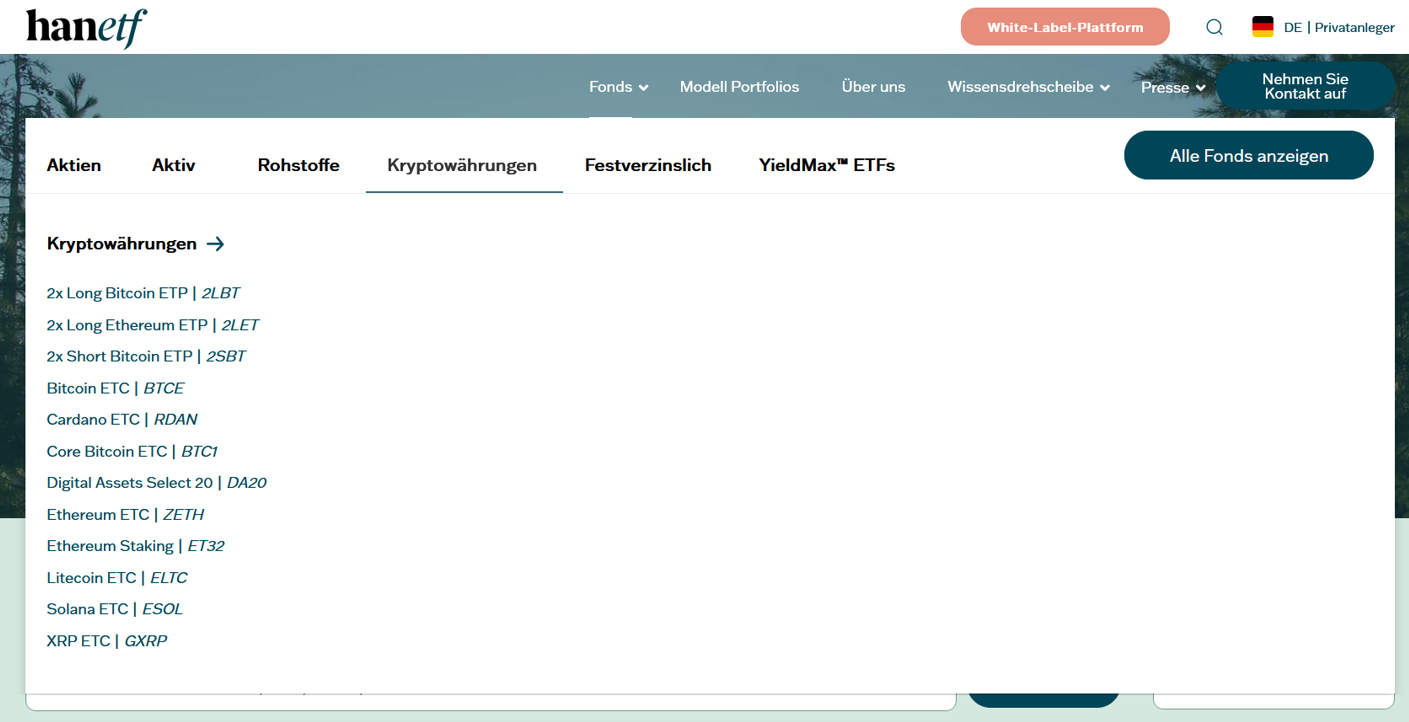 Kryptohandel mit Hebelprodukten – Dein Turbo fürs Depot Ansicht der Auswahl von ETPs auf Kryptowährungen bei hanetf.