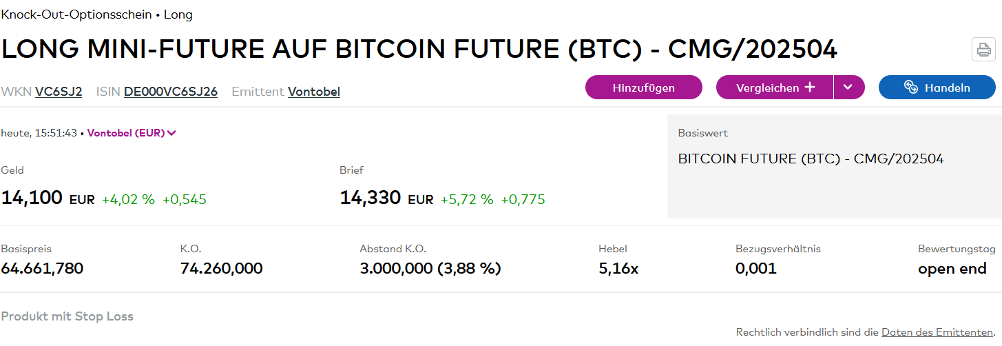 Kryptohandel mit Hebelprodukten – Dein Turbo fürs Depot Ansicht eines Hebelproduktes auf Kryptowährungen in Form eines Turboscheins auf den Bitcoin-Future-Kurs des Emittenten Vontobel bei der Online-Plattform Onvista.