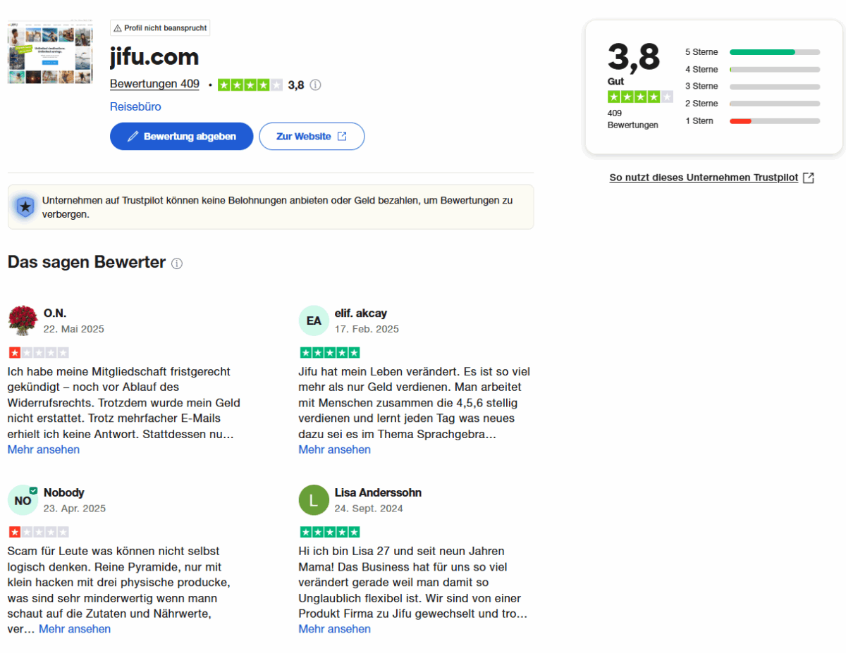 Auf Trustpilot fallen die JIFU Erfahrungen und Bewertungen sehr polarisierend aus