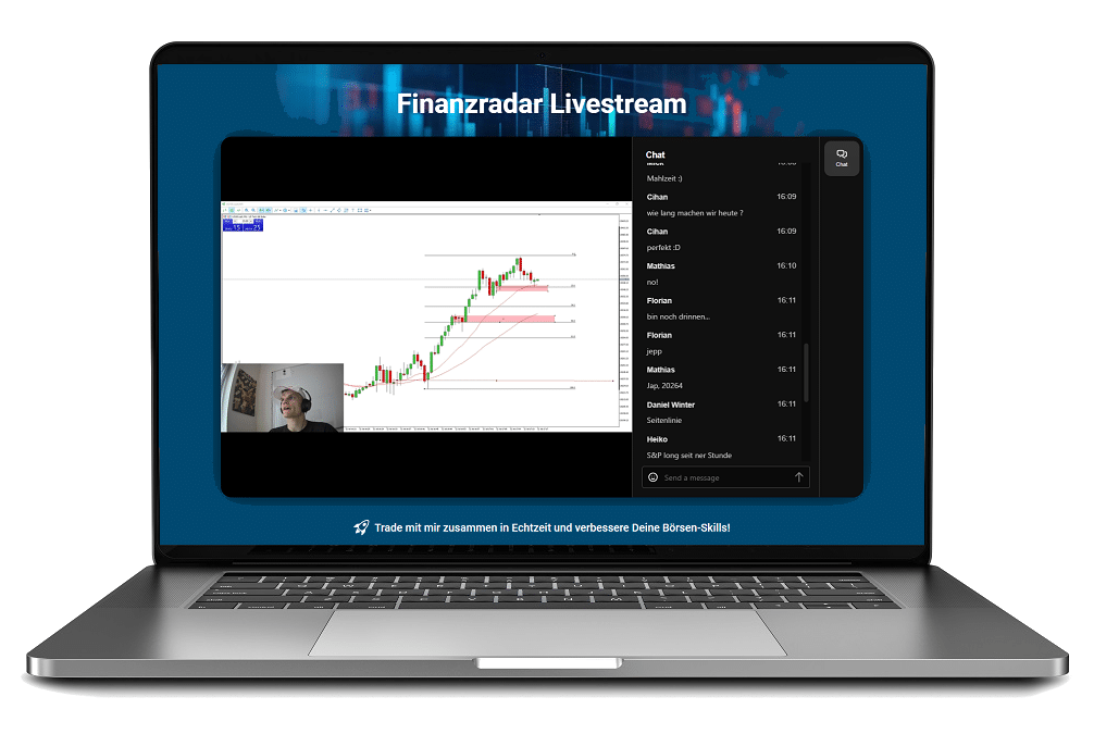 Finanzradar im Test – Live-Trading, Strategie & Performance (2025) So sieht der Finanzradar Live Stream aus - Live Trading mit Ausbildung