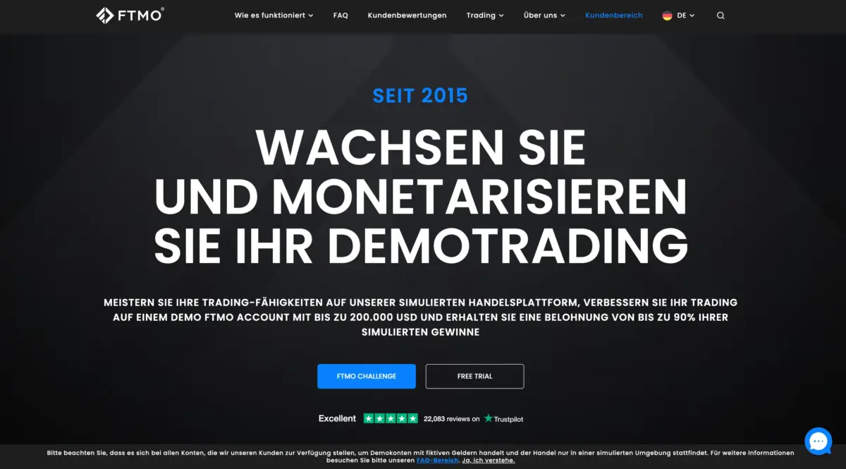 Was ist Prop Trading? Vergleich der besten Anbieter (2025) Screenshot der FTMO Website - FTMO ist eine der besten Prop Trading Firmen