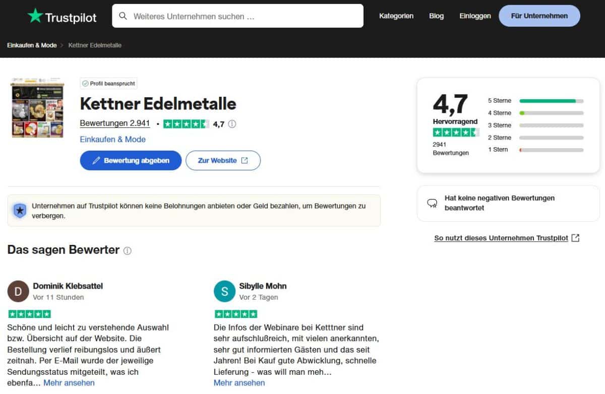 Kettner Edelmetalle Erfahrungen – ist Dominik Kettner seriös? Auf dem Bewertungsportal Trustpilot fallen die Erfahrungen und Bewertungen zu Kettner Edelmetalle überwiegend positiv aus