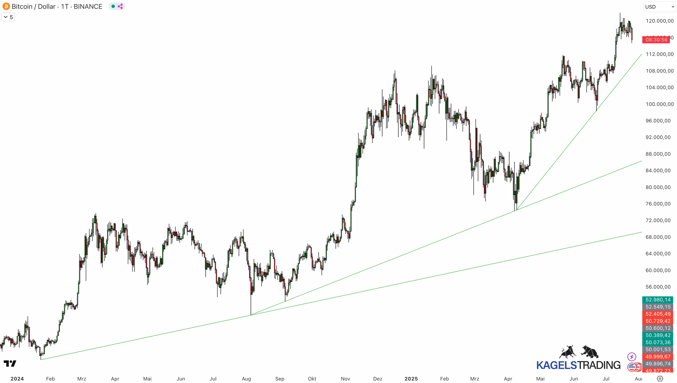 Trendfolgestrategien: So tradest du erfolgreich Trends (2025) Trendfolge erklärt: Trendlinien auf der Tageschart von Bitcoin - Trendstrategie