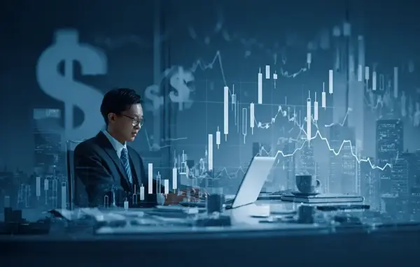 man trading on laptop graphic