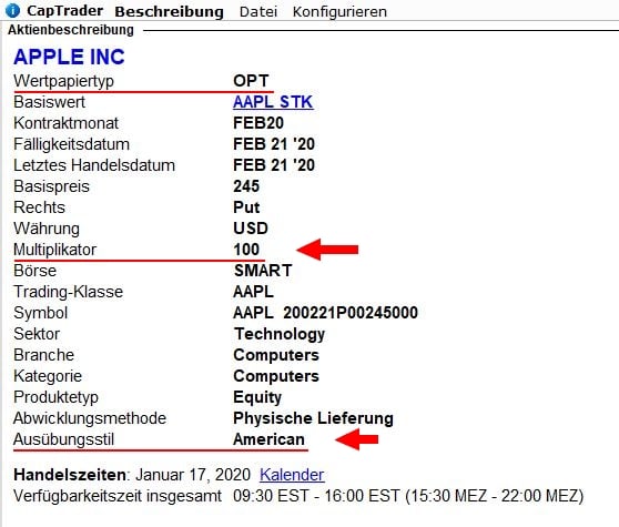Was ist ein Short Put? Verkauf oder Schreiben einer Verkaufsoption - Erklärung und Beispiele (2025) Screenshot eines Finanzinstrument-Info am Beispiel CapTrader