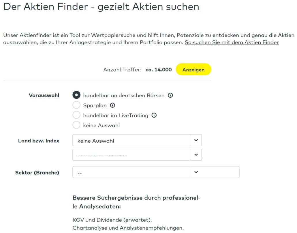 Screenshot des Aktienfinders von comdirect. Das Tool ermöglicht die gezielte Suche nach handelbaren Aktien basierend auf Auswahlkriterien wie Börsenhandel, Sparplan, LiveTrading, Land/Index und Branche. Zusätzlich werden professionelle Analysedaten wie KGV, Dividende, Chartanalyse und Analystenempfehlungen genutzt
