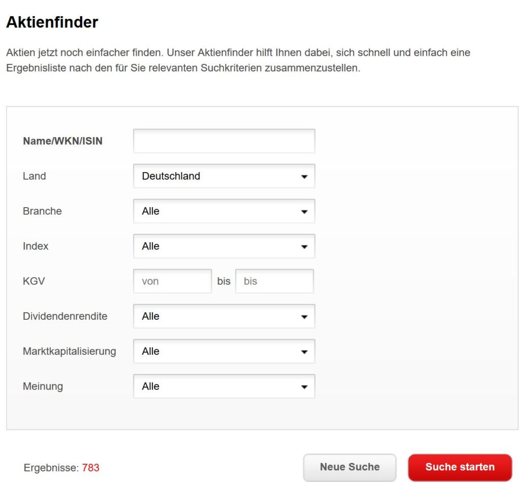 Screenshot des Aktienfinders von S-Broker. Eine Suchmaske ermöglicht die Filterung von Aktien nach Name, WKN/ISIN, Land, Branche, Index, KGV, Dividendenrendite, Marktkapitalisierung und Meinung. Die Ergebnisse werden anhand der ausgewählten Kriterien gefiltert. Zwei Buttons ermöglichen eine neue Suche oder das Starten der Suche.