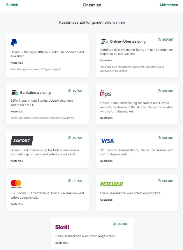 Bitpanda Krypto-Broker - Erfahrungen | Test (2025) Aktuell stehen bei Bitpanda die folgenden Methoden für Einzahlung und Auszahlung zur Verfügung