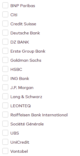 Was sind Optionsscheine? Der komplette Guide (2025) Ansicht der Auswahlliste von Emittenten in der Derivatesuche (Optionsscheine) von Onvista.