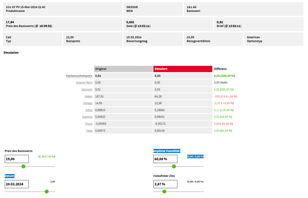 Was sind Optionsscheine? Der komplette Guide (2025) Abgebildet ist der Optionsscheinrechner bei Onvista mit seinen Einstellparametern.
