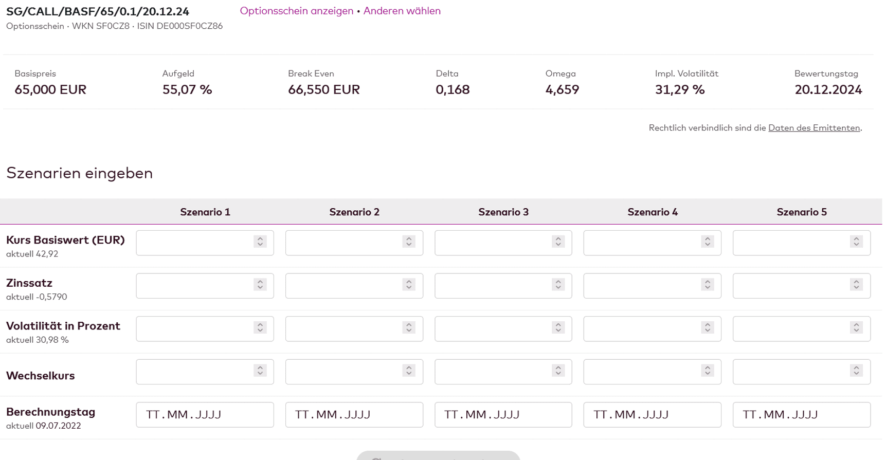 Optionsscheinrechner verstehen & optimal nutzen – der ultimative Guide (2025) Ansicht des Optionsscheinrechners von Onvista