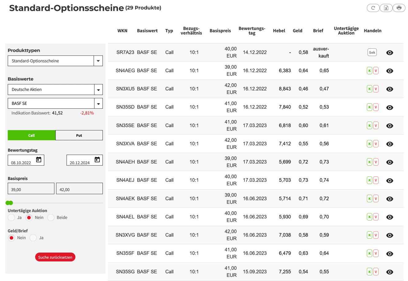 Optionsscheinrechner verstehen & optimal nutzen – der ultimative Guide (2025) Ansicht Optionsscheinsuche bei der Societe Generale