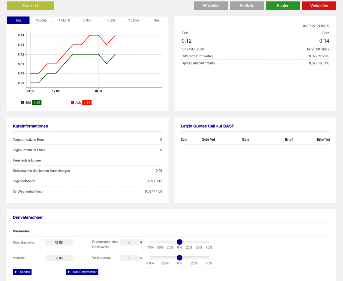 Optionsscheinrechner verstehen & optimal nutzen – der ultimative Guide (2025) Ansicht Position des Optionsscheinrechners der Börse Frankfurt (ganz unten "zum Detailrechner")