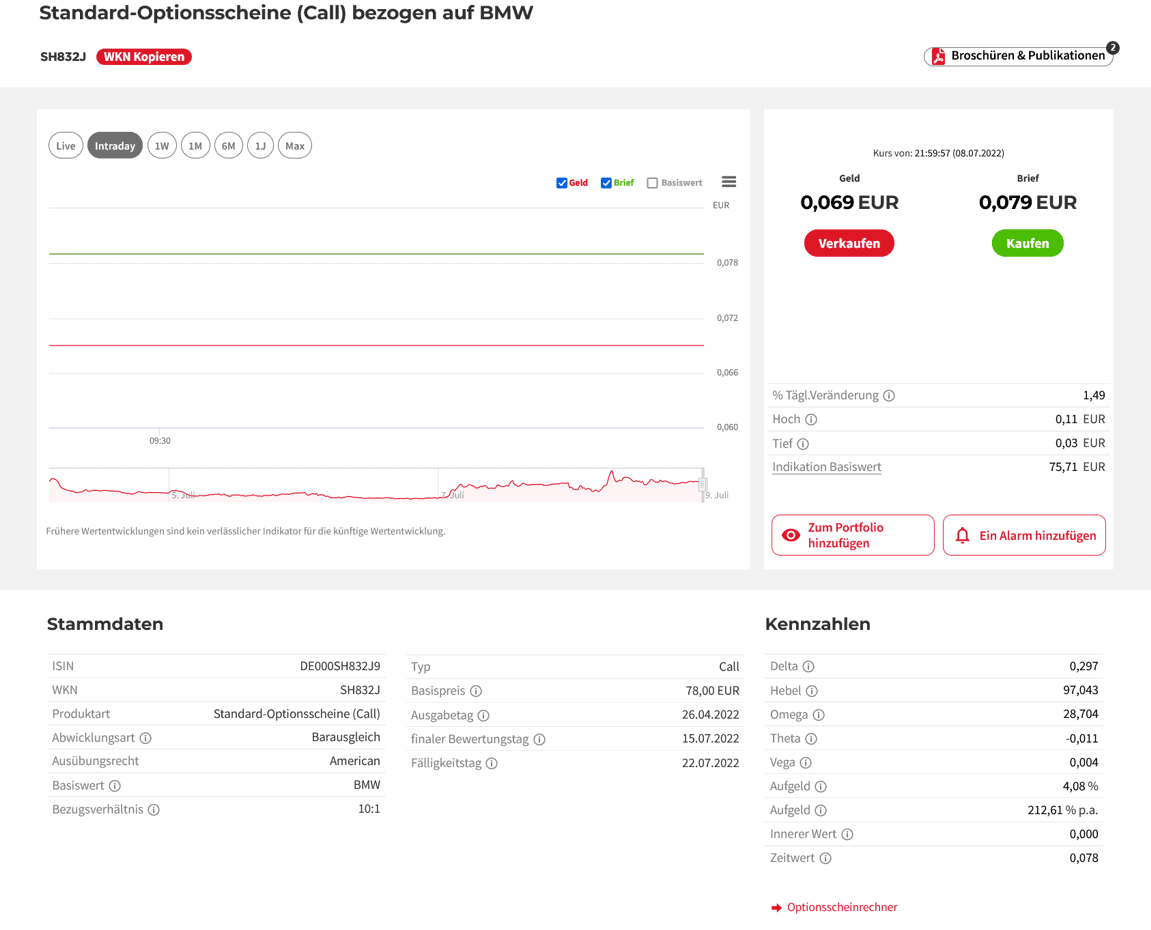 Optionsscheinrechner verstehen & optimal nutzen – der ultimative Guide (2025) Ansicht Optionsscheinrechner der Societe Generale Standard Optionsschein auf BMW