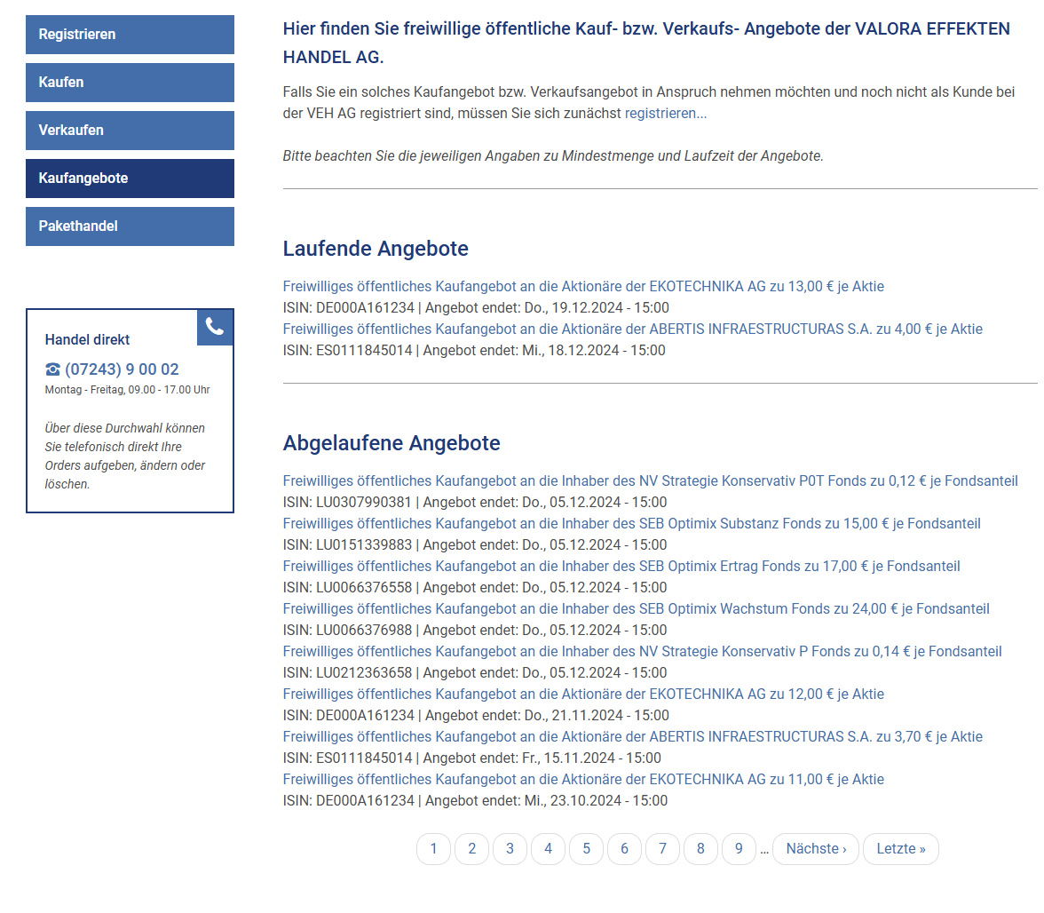 Valora Effekten Handel AG (VEH) – Kursliste, Kosten & Erfahrungen Auf der Homepage der VEH AG findest du laufende Kaufangebote und Verkaufsangebote