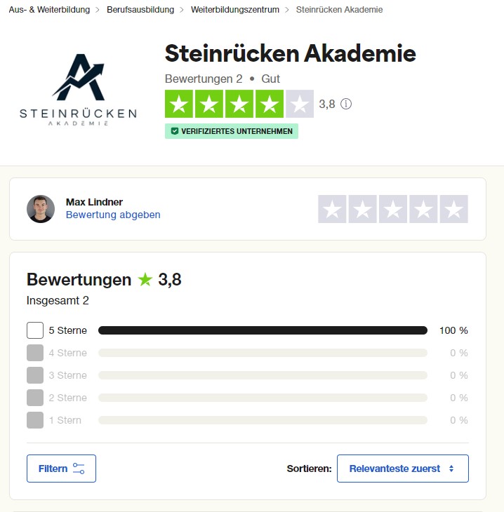 Die Steinrücken Akademie – Börsenausbildung im Test (2025) Bei Trustpilot gibt es zur Steinrücken Akademie bisher nur 2 Bewertungen