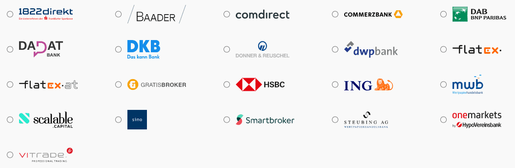 gettex Börse: Erfahrungen, Vorteile, Nachteile, Vergleich mit Xetra – Vorstellung der günstigen Börse (2025) Auswahl der Broker, welche Handel über Gettex anbieten. Logos verschiedener Broker, die den Handel über Gettex ermöglichen, darunter 1822direkt, Baader Bank, comdirect, Commerzbank, DADAT Bank, DKB, flatex, Scalable Capital, Smartbroker und weitere.