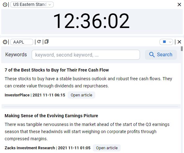 ChartsWatcher: Der umfangreiche Profi-Marktscanner (2025) Chartswatcher Kacheln mit Zeitzone/Uhr und Nachrichtenticker