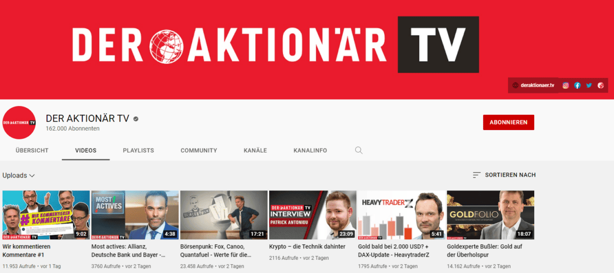 YouTube-Kanal von DER AKTIONÄR TV mit 162.000 Abonnenten. Kanalbanner in Rot mit Logo, Navigation zu Videos, Playlists und Community. Vorschaubilder aktueller Videos zu Börsenthemen, Aktienanalysen und Interviews. 'Abonnieren'-Button sichtbar. Quelle: DER AKTIONÄR TV