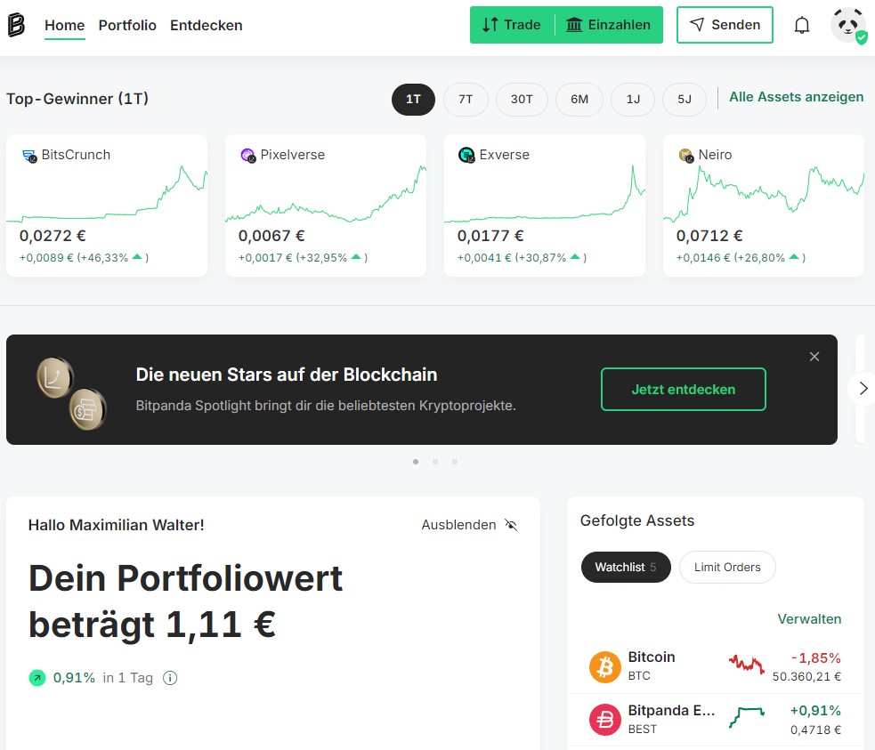 Bitpanda Krypto-Broker - Erfahrungen | Test (2025) Das Dashboard von Bitpanda ist übersichtlich gestaltet und einsteigerfreundlich
