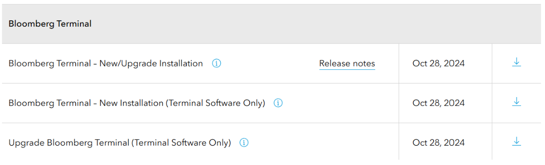 Das Bloomberg Terminal im Test – Inhalte, Aufbau, Kosten & Erfahrungen (2025) Download-Seite für Bloomberg Terminal-Software mit drei Einträgen: 'New/Upgrade Installation', 'New Installation (Terminal Software Only)', und 'Upgrade Bloomberg Terminal (Terminal Software Only)'. Jeder Eintrag enthält ein Informationssymbol, das Veröffentlichungsdatum (28. Oktober 2024) und einen Download-Link. Der Text darunter weist darauf hin, auf den mittleren Link zu klicken.