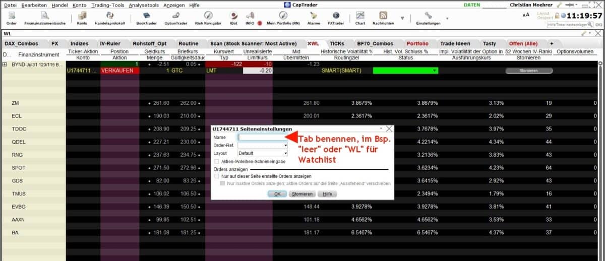 Mit der Trader Workstation (TWS) Optionen handeln? (2025) Benennen einer neuen Registerkarte - Vorgehensweise anhand eines Screenshots