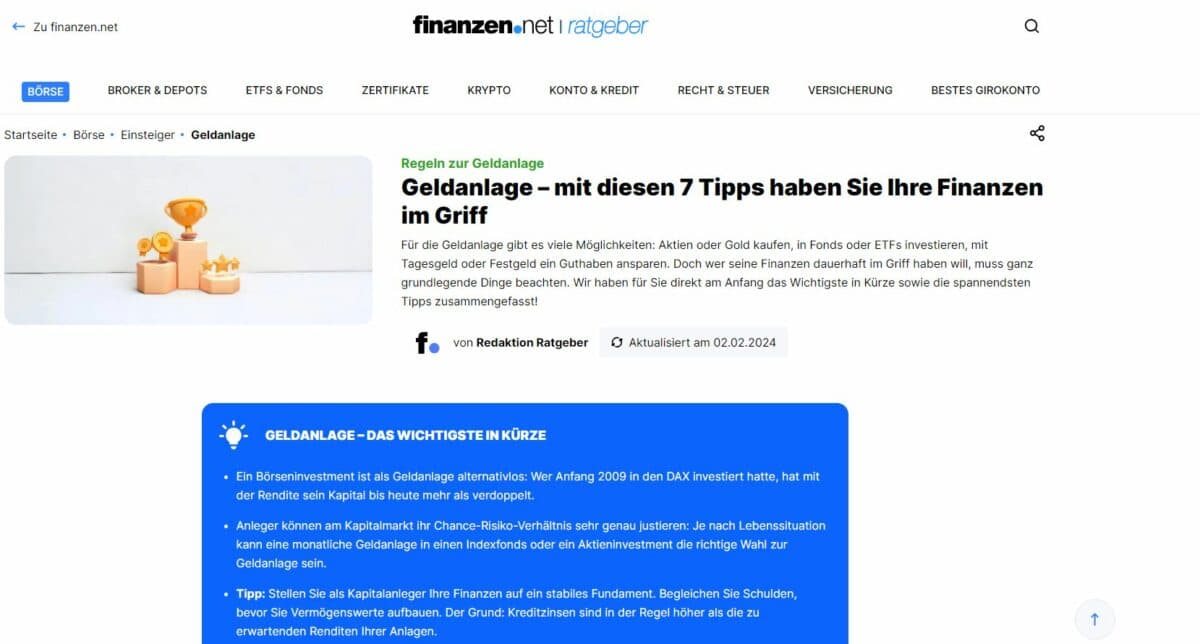 Finanzen.net: Erfahrungen, Kosten, Seriosität, Test (2025) Der finanzen.net Ratgeber ist eine eigene Unterseite, die Einsteiger mit grundlegendem Wissen zum Thema Börse und Investieren versorgt