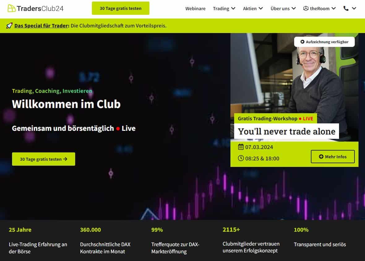 Alles über TradersClub24 - Erfahrungen | Angebote | Seriosität (2025) Die Startseite des TradersClub24 ist übersichtlich aufgebaut