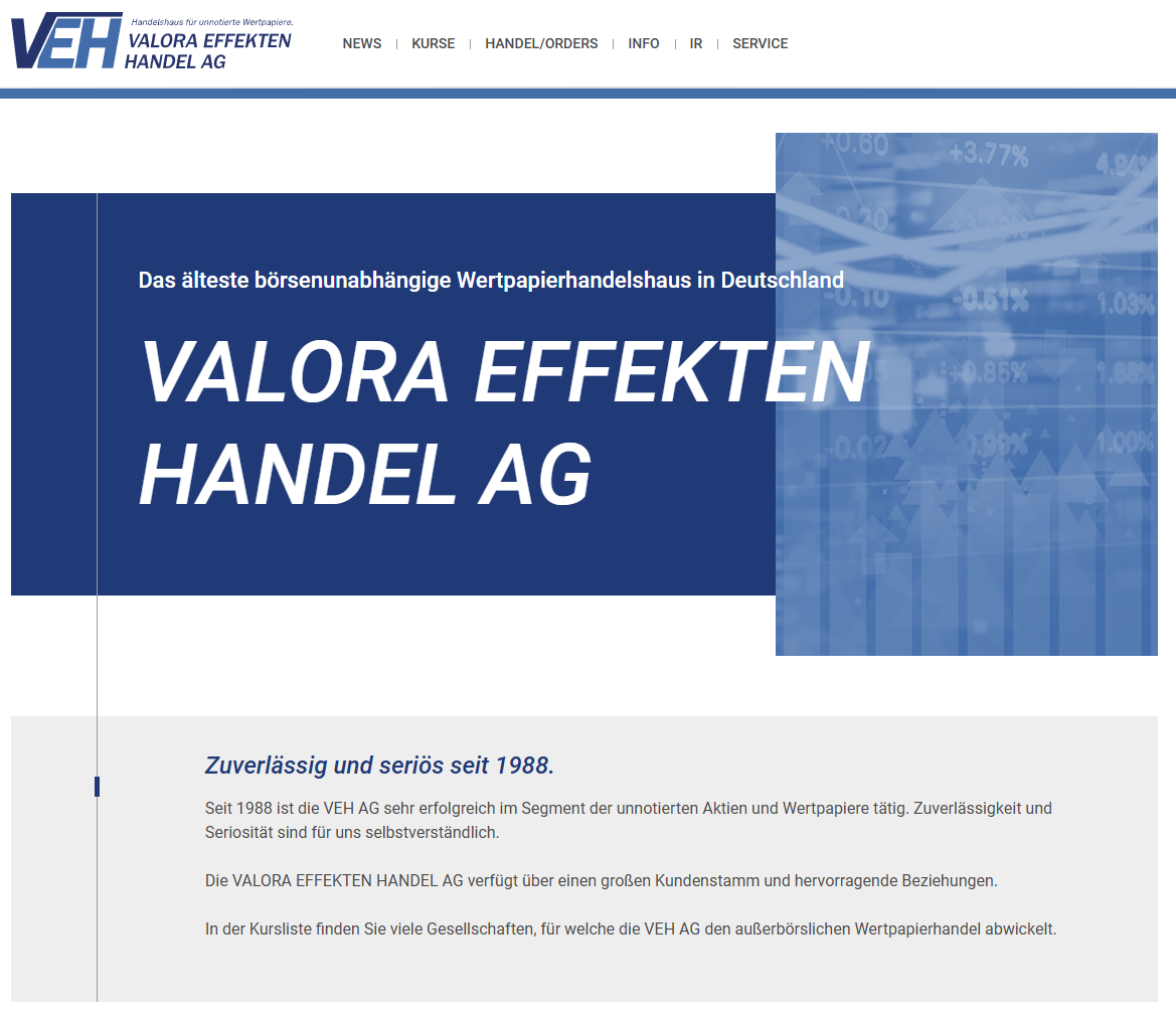 Valora Effekten Handel AG (VEH) – Kursliste, Kosten & Erfahrungen Die Valora Effekten Handel AG ist das älteste Wertpapierhaus Deutschlands, das sich auf den außerbörslichen Handel mit unnotierten Wertpapieren fokussiert