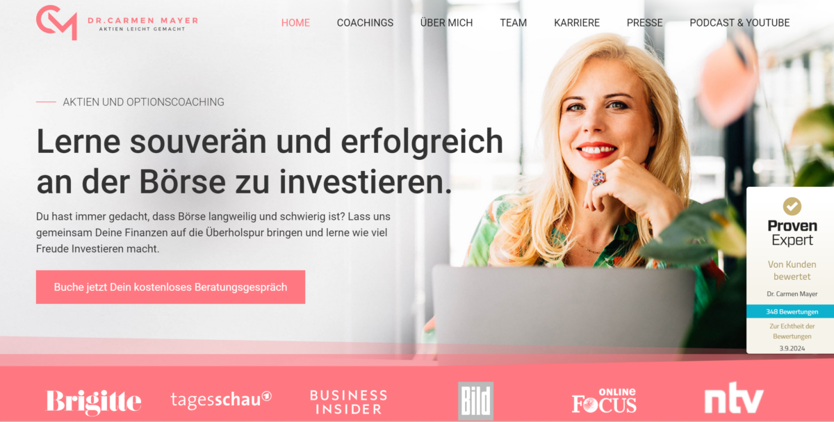 Dr. Carmen Mayer: Finanzbildung für Frauen - Erfahrungen, Kosten, Ausbildung blick auf webseite von dr. carmen mayer