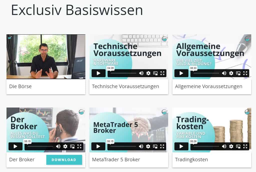 Kaspareit Trading – die Ausbildung von Alex Kaspareit im Test (2025) Die kostenlosen Inhalte der Kaspareit Trading Ausbildung. Screenshot des Bereichs 'Exclusiv Basiswissen' auf der Kaspareit Trading Webseite. Es werden sechs Videoinhalte angezeigt: 'Die Börse' mit einem Mann vor einem Fenster, 'Technische Voraussetzungen' über Hardware & Software, 'Allgemeine Voraussetzungen' über Zeit, Geld & Bildung, 'Der Broker' mit einer Person am Telefon, 'MetaTrader 5 Broker' mit einem Handschlag-Bild und 'Tradingkosten' mit gestapelten Münzen. Unter dem Bild steht der Hinweis, dass die FREE MEMBER Inhalte oberflächlich, aber kostenlos sind.