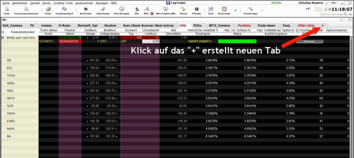 Mit der Trader Workstation (TWS) Optionen handeln? (2025) Vorgehensweise beim Erstellen einer neuen Registerkarte in der TWS - Trader Workstation - anhand eines Screenshots