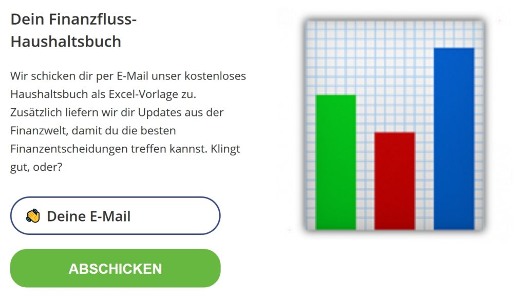 Finanzfluss Erfahrungen - was steckt hinter dem beliebten Finanzportal von Thomas Kehl? (2025) Finanzfluss Excel Tools als Screenshot. Anmeldeformular auf Finanzfluss für den kostenlosen Download einer Excel-Vorlage zum Haushaltsbuch inklusive Eingabefeld für die E-Mail-Adresse und farbigem Balkendiagramm