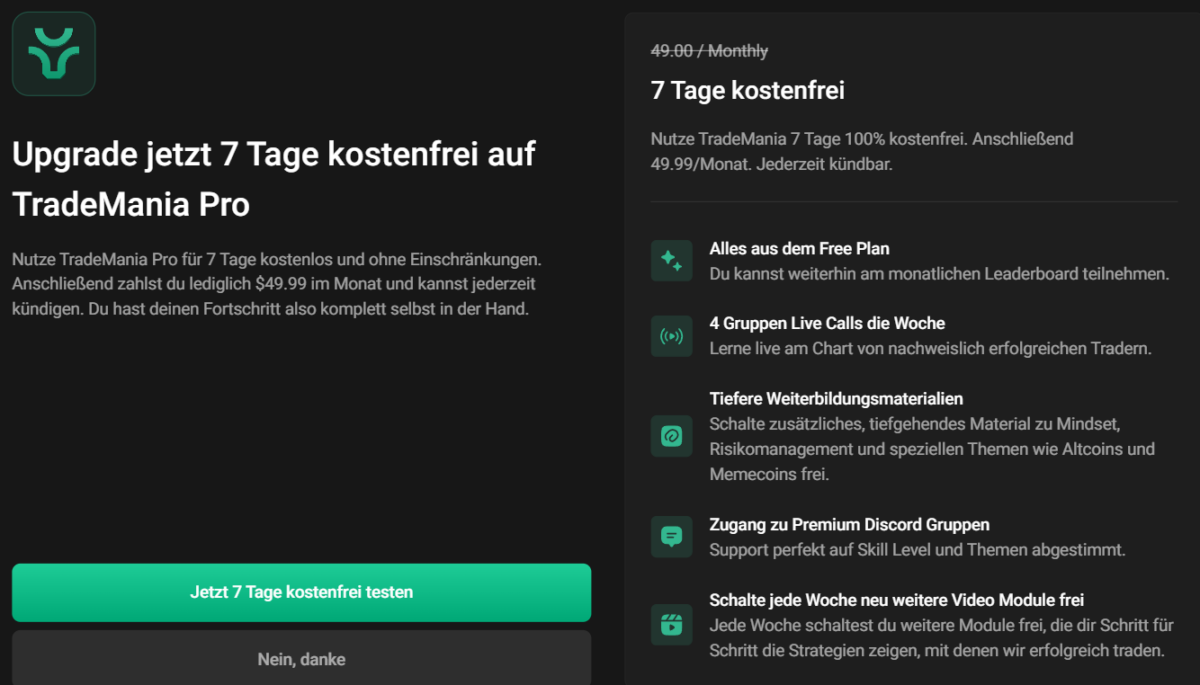 Bitbull Trading – Erfahrungen mit der TradeMania Akademie von Bastian Keller (2025) Für die Bitbull Trading TradeMania Pro Version gibt es auch eine 7-tägige Testphase