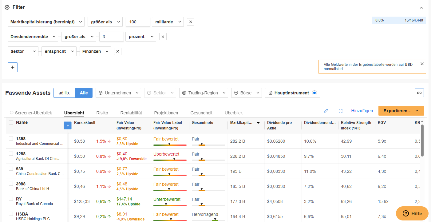 InvestingPro Review - was kann der beliebte Aktienscreener? InvestingPro - Beispiel für die Filter im Aktienscreener