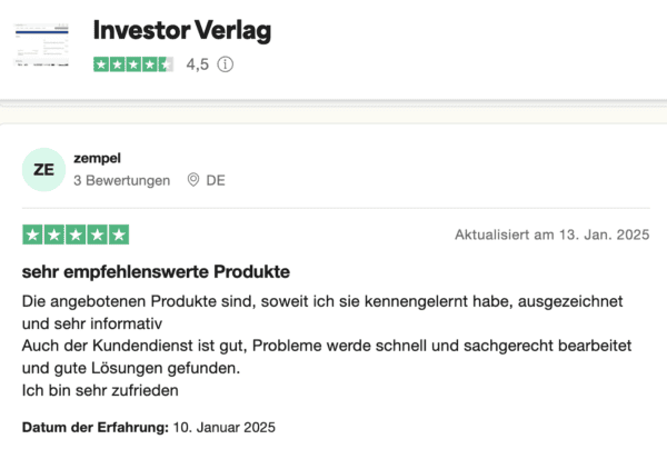 Erfahrungsbericht über verschiedene Börsenbriefe des Investor-Verlags Investor Verlag positive Berwertung von trustpilot