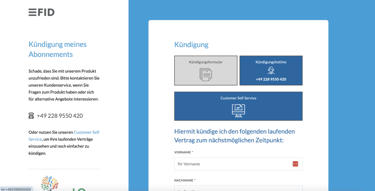 Erfahrungsbericht über verschiedene Börsenbriefe des Investor-Verlags das Bild zeigt die Kündigungsseite des Investor Verlags oder FID Verlag
