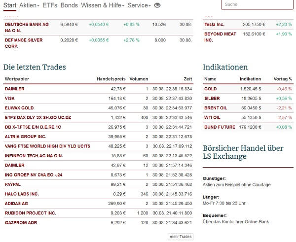 Lang & Schwarz Tradecenter – Erfahrungen, Test und Infos (2025) Anzeige letzter Trades im TradeCenter von Lang & Schwarz. inanz-Website mit einer Übersicht über die letzten Trades, Indikationen und den börslichen Handel über die LS Exchange. Oben werden Kursveränderungen für Aktien wie Deutsche Bank AG und Defiance Silver Corp. sowie für Tesla Inc. und Beyond Meat Inc. angezeigt. In der Mitte eine Tabelle mit den letzten Trades, darunter Wertpapiere wie Daimler, Visa, EUWAX Gold, PayPal und Adidas AG, mit Angaben zu Handelspreis, Volumen und Zeit. Rechts eine Tabelle mit aktuellen Indikationen für Gold, Silber, Brent Oil, WTI Oil und Bund Future. Unten eine Information über die Vorteile des börslichen Handels über LS Exchange.