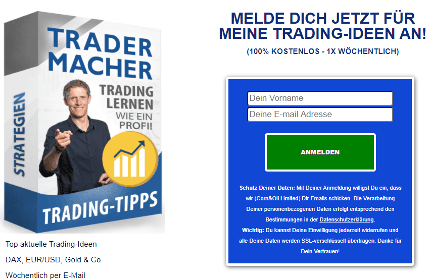 Lars Erichsen - Tradermacher & Rendite Spezialist mit einem der größten YouTube Kanäle für aktive Anleger (2025) Werbung für den Lars Erichsen "Tradermacher" Newsletter. Links ein Buchcover mit dem Titel "Trading-Tipps" und einem Bild von Lars Erichsen. Rechts eine Anmeldemaske mit blauen Hintergrund für die kostenlose Anmeldung zum wöchentlichen Newsletter mit Trading-Ideen.