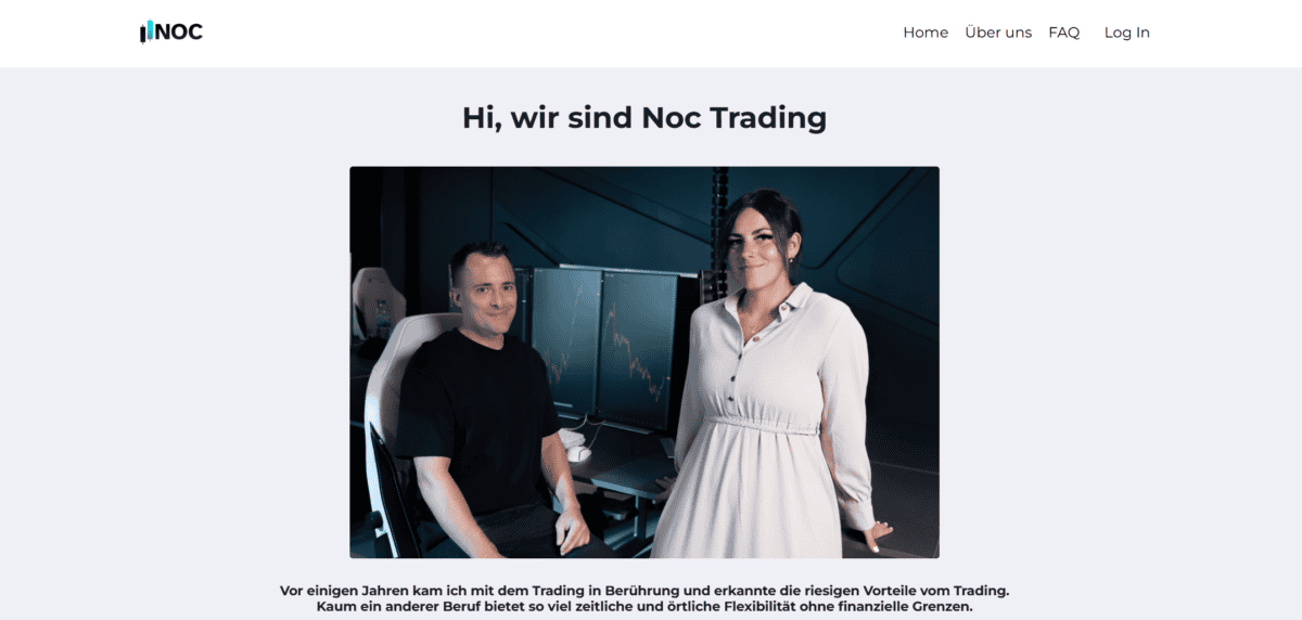 Noc Trading - Prop Trader Ausbildung: Angebote, Erfahrungen & Kosten blick auf den über uns bereich von noc trading mit einem foto von marco und sarah